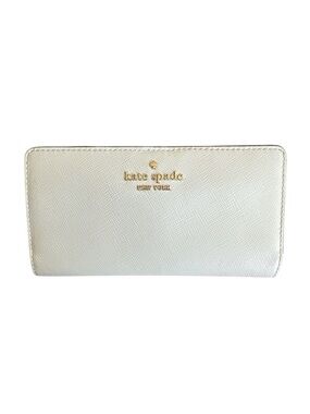 ✨ Kate Spade Ivory Saffiano Leather Long Wallet Gold Logo Zip Coin Pocket
